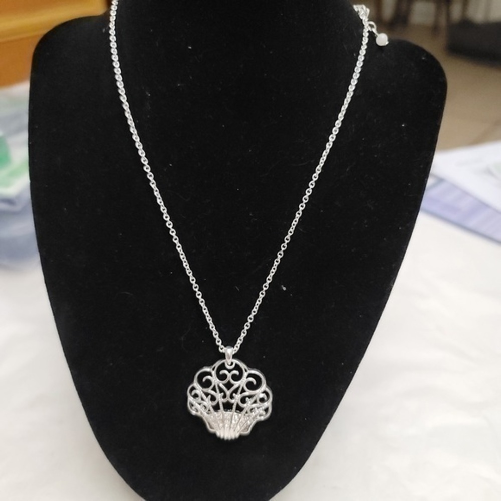 Silver tone shell necklace with rhinestones on 16” chain